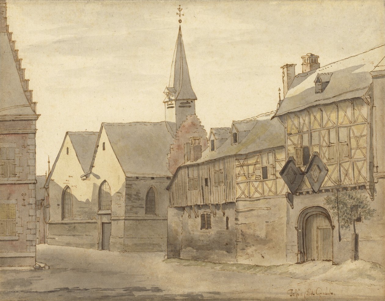 Udsigt over Sankt Jakobs Kirke og kroen, Maastricht af Josua de Grave