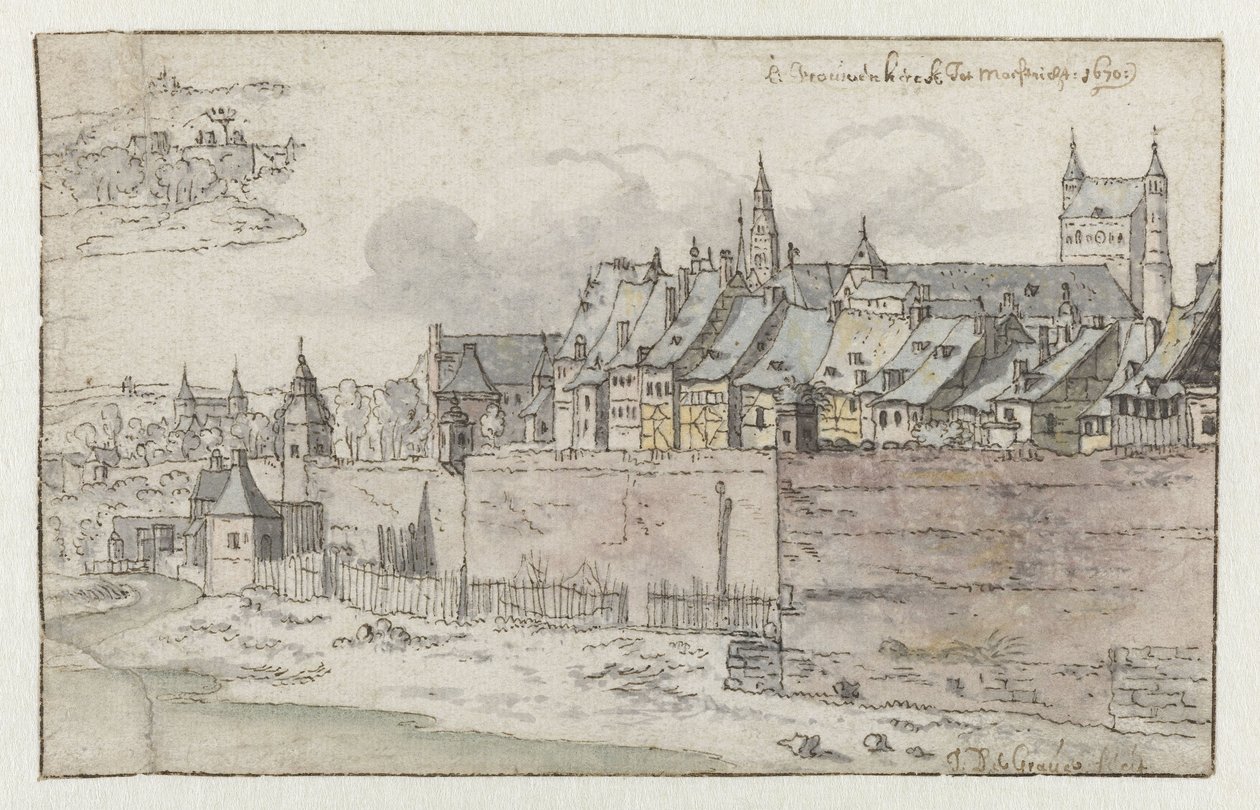 Udsigt over Maastrichts mure med Onze-Lieve-Vrouwekerk i baggrunden af Josua de Grave