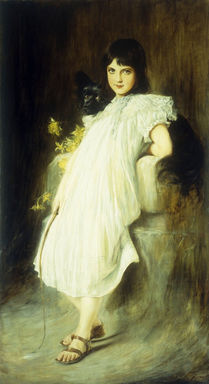 Portræt af en ung pige med sin hund, 1908 af Joszi Arpad Koppay