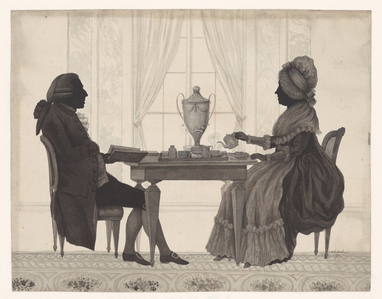 Silhuetter Louis Metayer (*1728) og Antoinette Bernard (*1735) ved bordet af Jozef Adolf Schmetterling