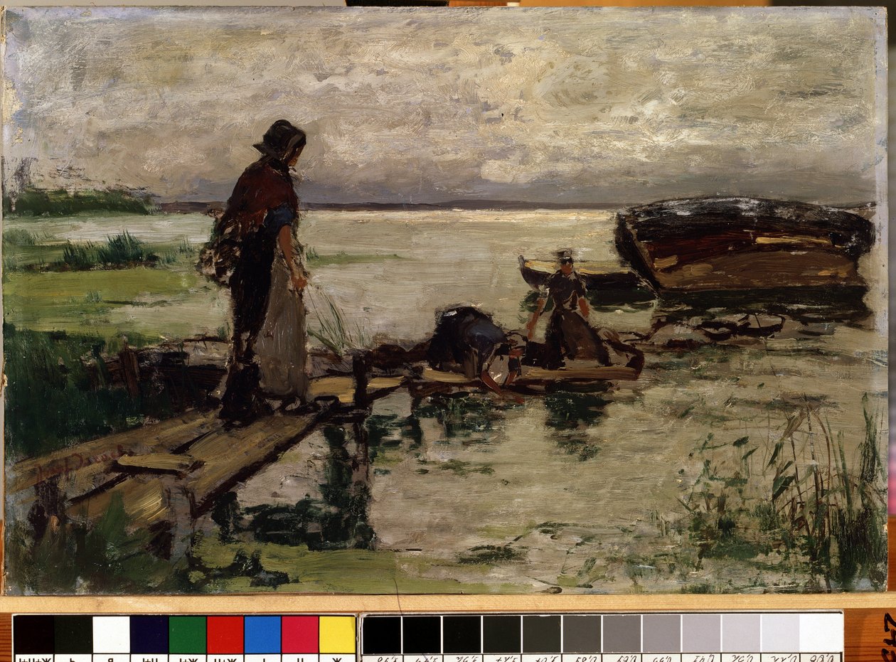 ""På kysten"" (Ved kysten) Hollandske bondekvinder i vandkanten. Maleri af Josef Israels (1824-1911) Mikalojus Konstantinas Ciurlionis Fine Arts Museum, Kaunas, Litauen af Jozef  Israels