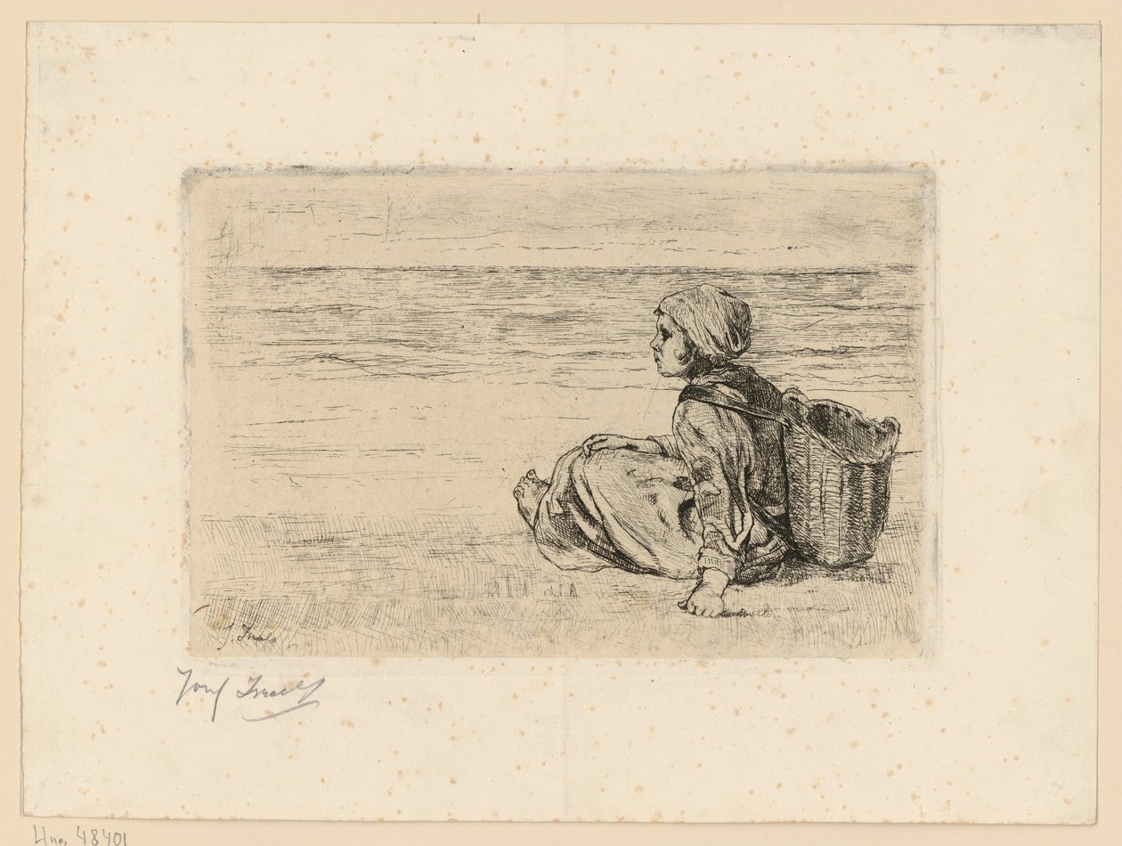 Pige med en rygkurv på stranden af Jozef Israëls