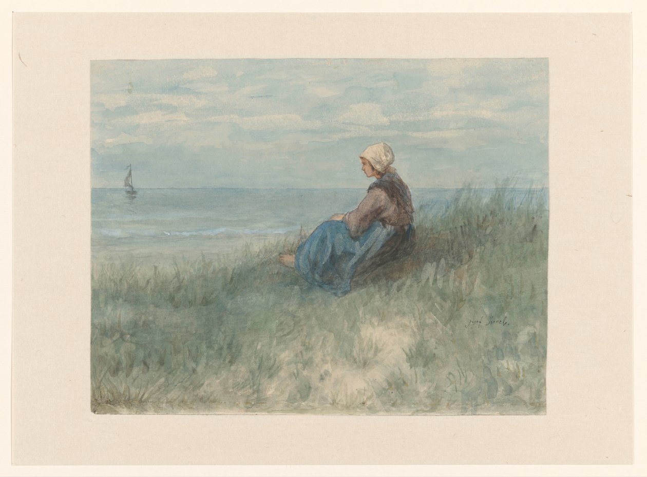 En kvinde sidder på en klit og ser på havet af Jozef Israëls