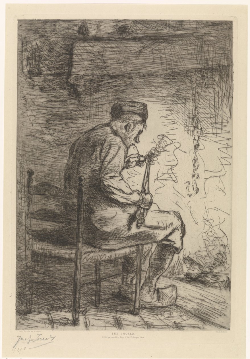 Interieur met roker The Smoker (titel på objekt) af Jozef Israëls
