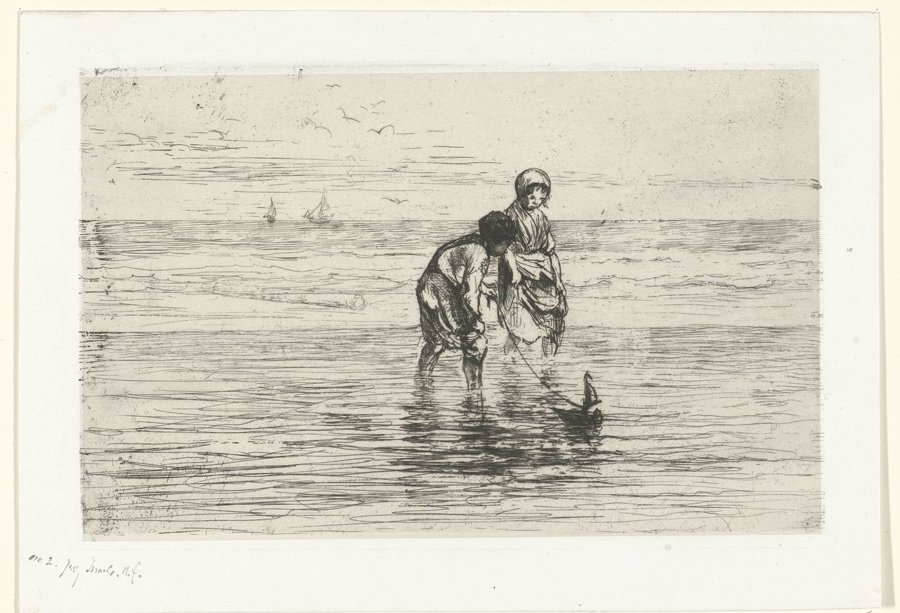Børn leger med en båd på stranden af Jozef Israëls