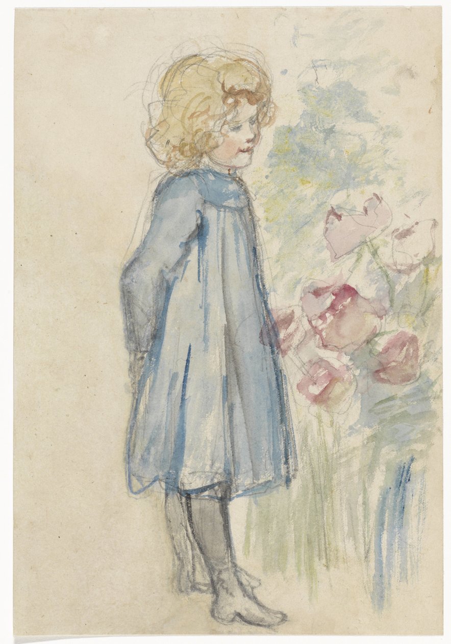 Stående pige ved et blomsterbed af Jozef Israëls