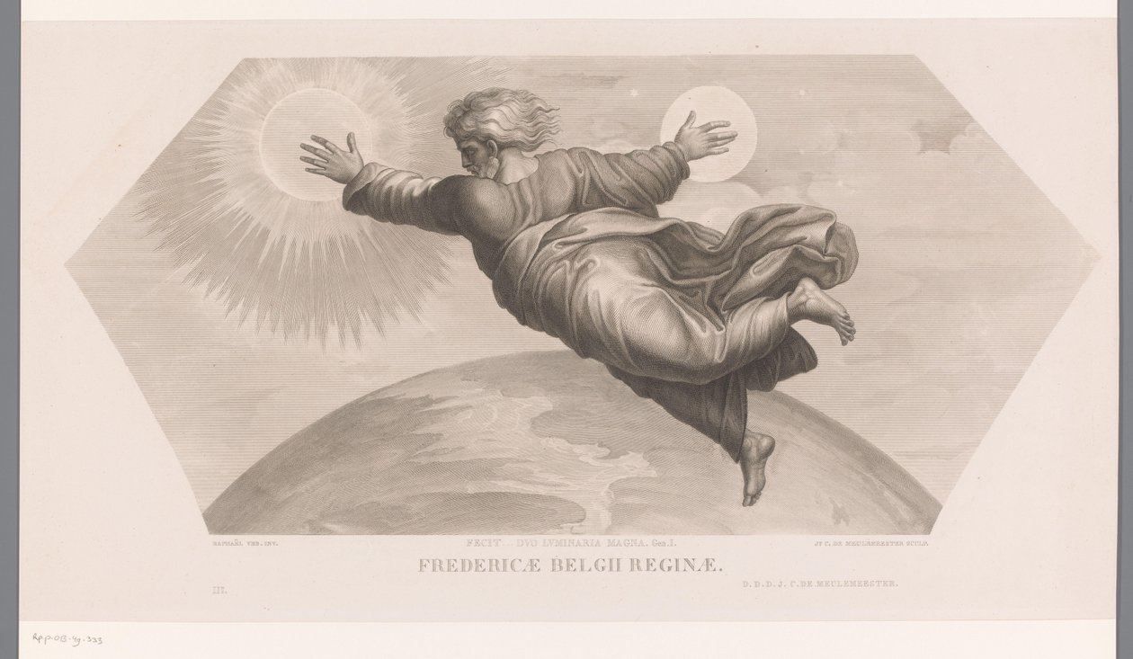 Gud skaber solen og månen Fecit duo luminaria magna. gen. I. Fredericae Belgii reginae (titel på objekt) Les loges de Raphaël (...) sujets de la bible (serietitel) Bibelske scener fra Rafaels loger (serietitel) af Jozef Karel De Meulemeester