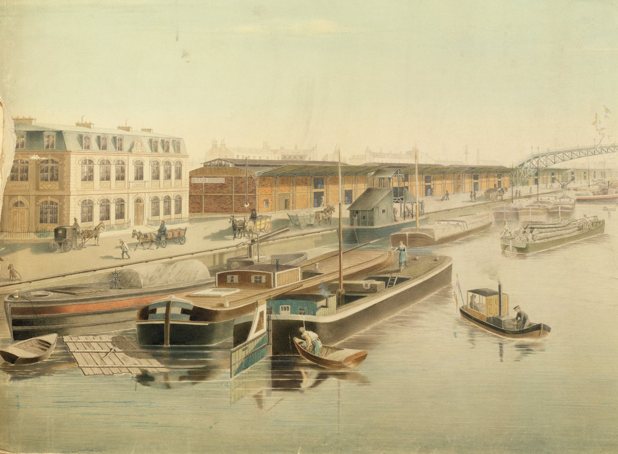 Canal Saint-Martin, detalje af pramme, 1889 (wc på papir) af Jozefowicz