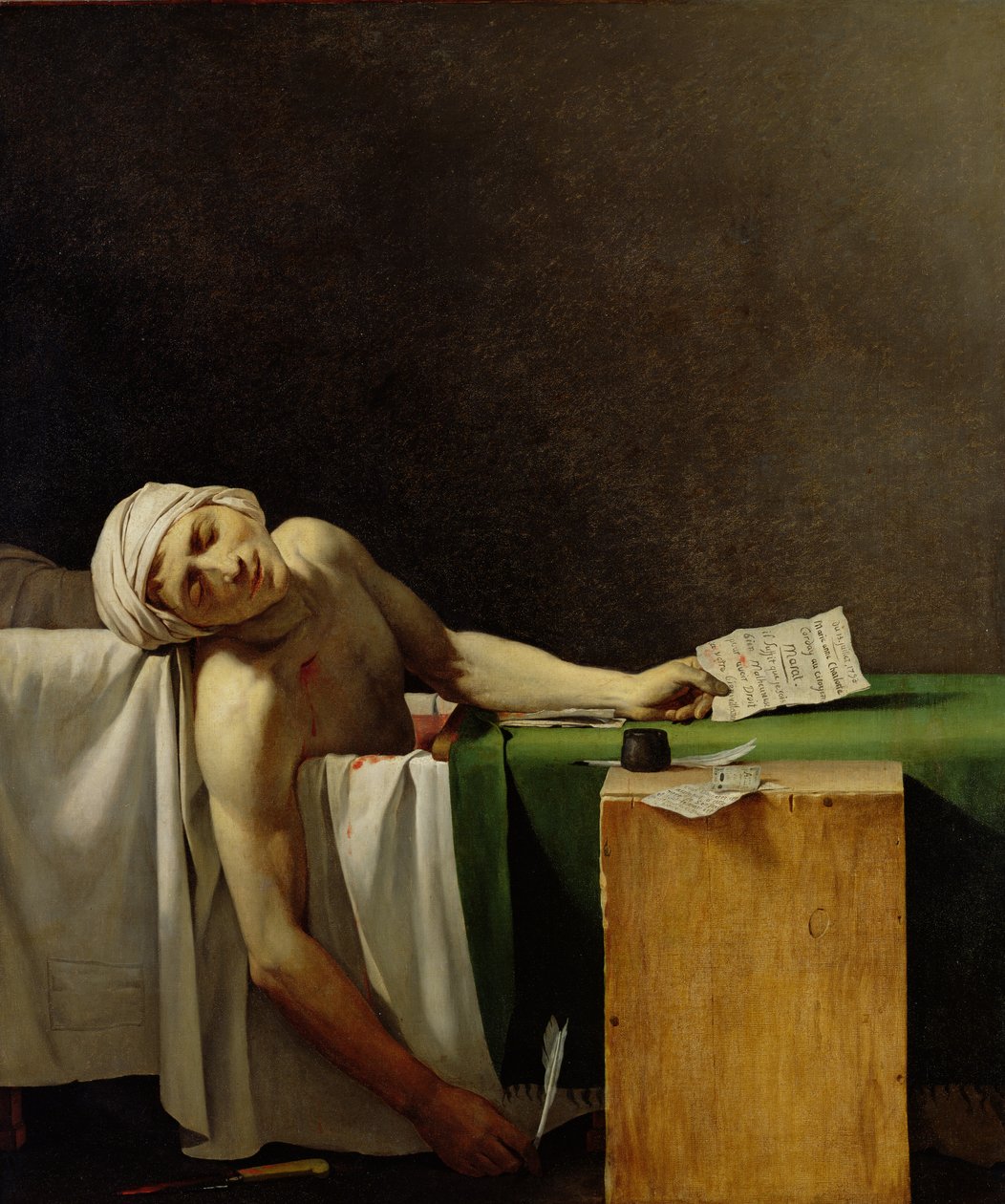 The Death of Marat, efter originalen af Jacques-Louis David (1748-1825) (olie på lærred) af Jérôme Martin Langlois