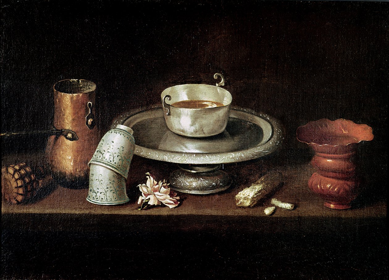 Stilleben med en skål chokolade eller morgenmad med chokolade, ca. 1640 af Juan de Zurbaran