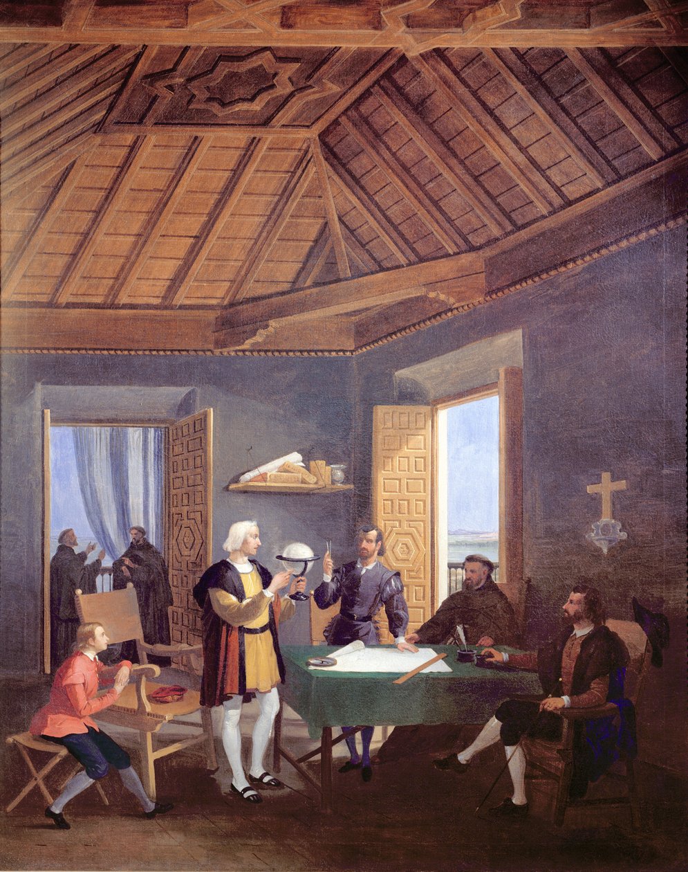Christopher Columbus, ledsaget af sin søn, Diego, forklarer sine udforskningsplaner til prioren fra franciskanerklosteret Santa Maria de la Rabida, lægen Garcia Fernandes og Alonso Pinz af Juan Cabral Bejarano