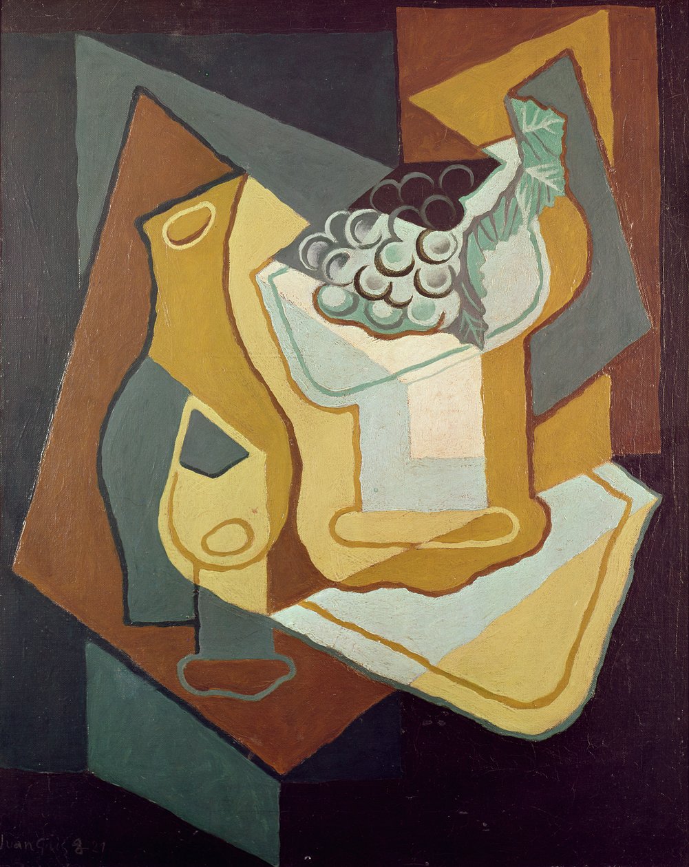 Flaske, glas og frugtfad, 1921 af Juan Gris