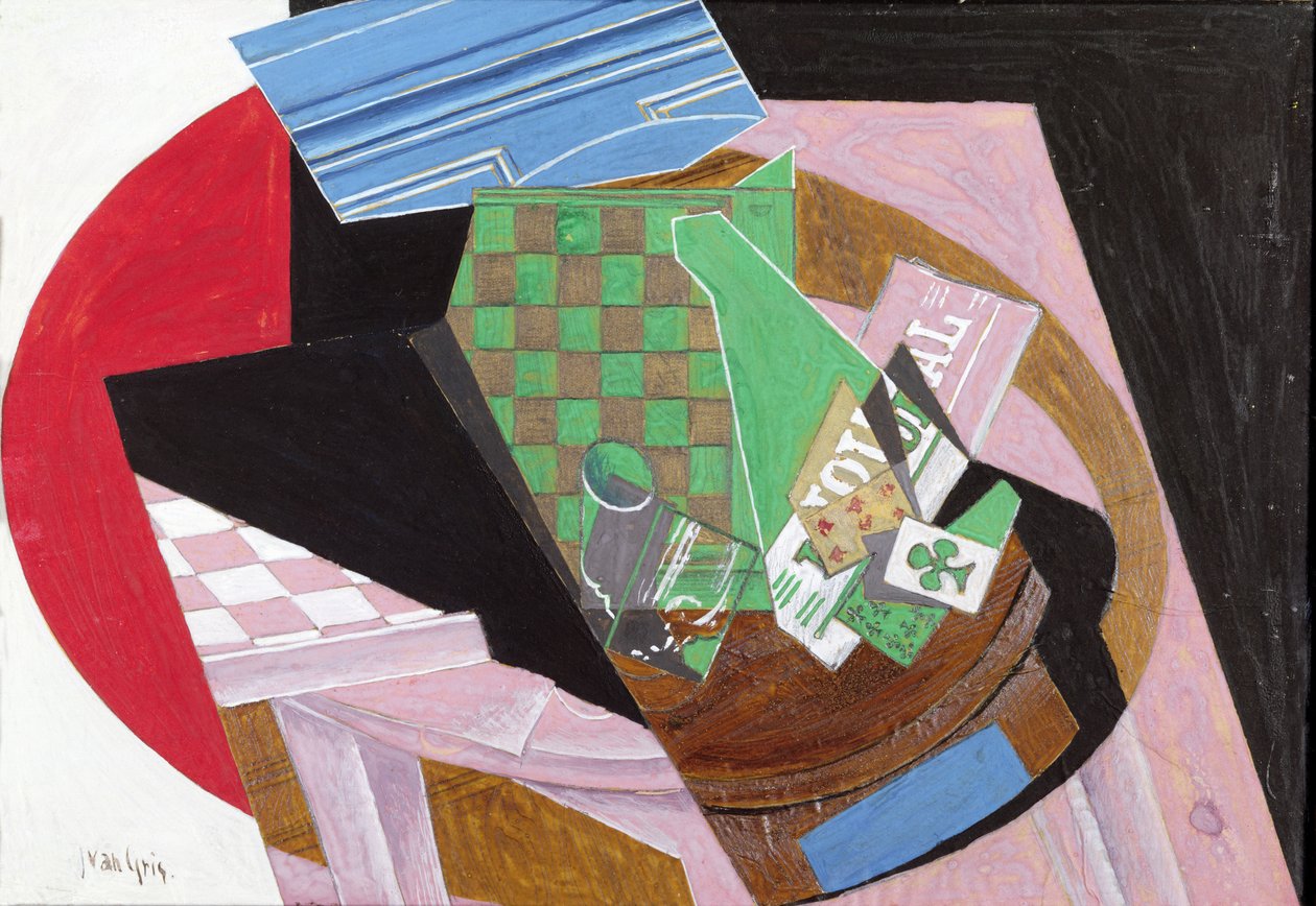 Dragebræt og spillekort (gouache og blyant på papir monteret på pap) af Juan Gris