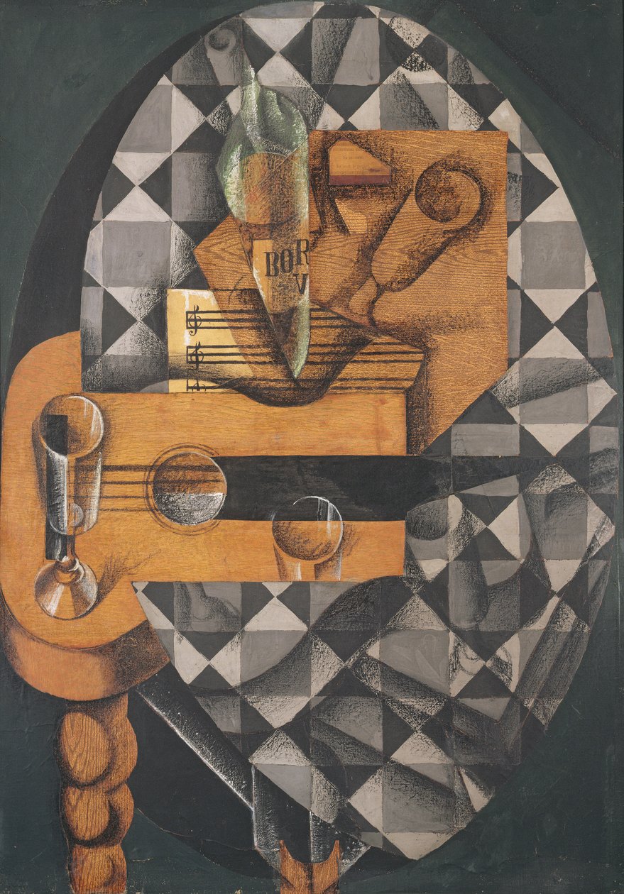 Guitar, flaske og glas, 1914 (indklæbte papirer, gouache og farveblyant på lærred) af Juan Gris