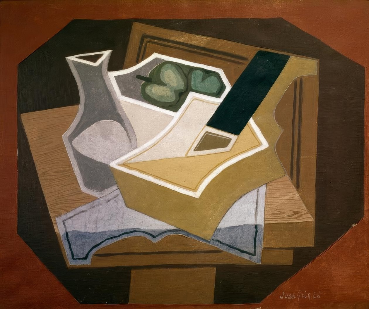 Guitar, æbler og karaffe af Juan Gris