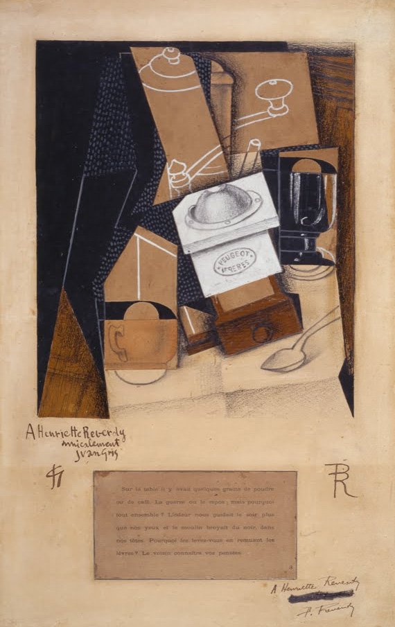Kaffekværn, kop og glas på et bord af Juan Gris