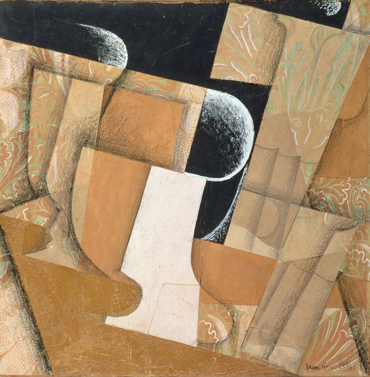 Glasset (collage, gouache og blyant på papir) af Juan Gris