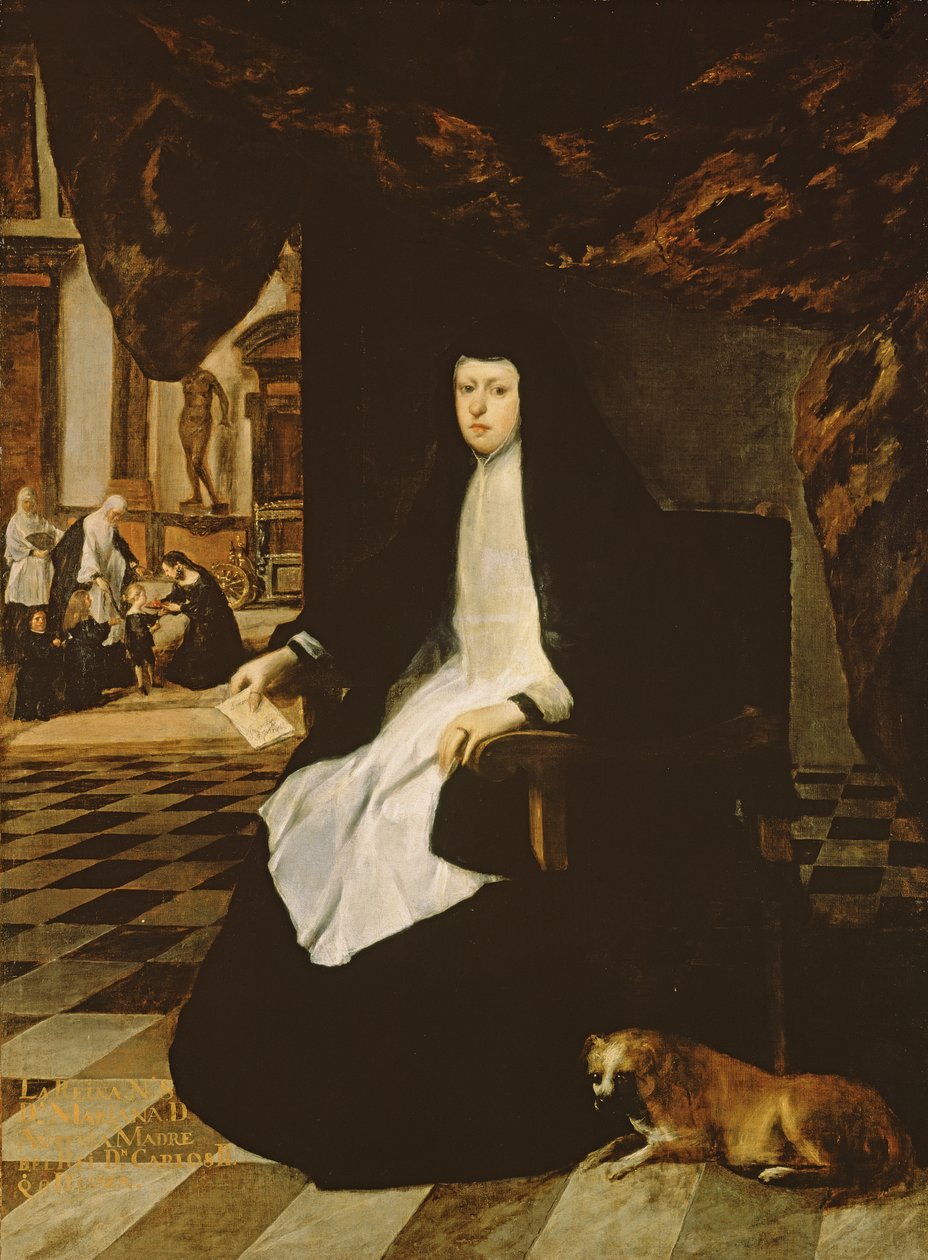 Portræt af dronning Mariana af Spanien (f.1631) i sorg af Juan Bautista Martinez Del Mazo