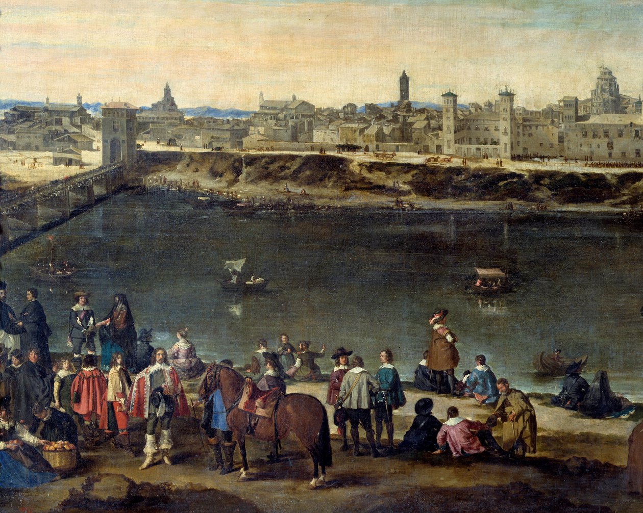 Udsigt over byen Zaragoza (Zaragoza) i 1646 Detalje, der repræsenterer herrer og handlende langs floden. Maleri af Juan Bautista del Mazo (1612-1667) 1646 Madrid, Prado Museum af Juan Bautista Martinez Del Mazo