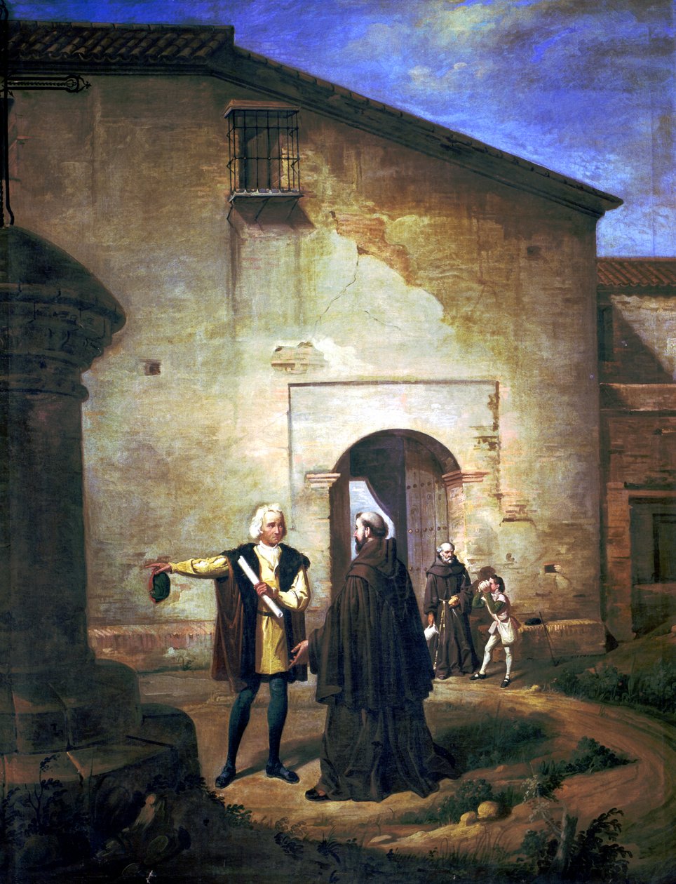 Columbus og hans søn Diegos ankomst til La Rabida-klostret i 1485 (olie på lærred) af Juan Cabral Bejarano