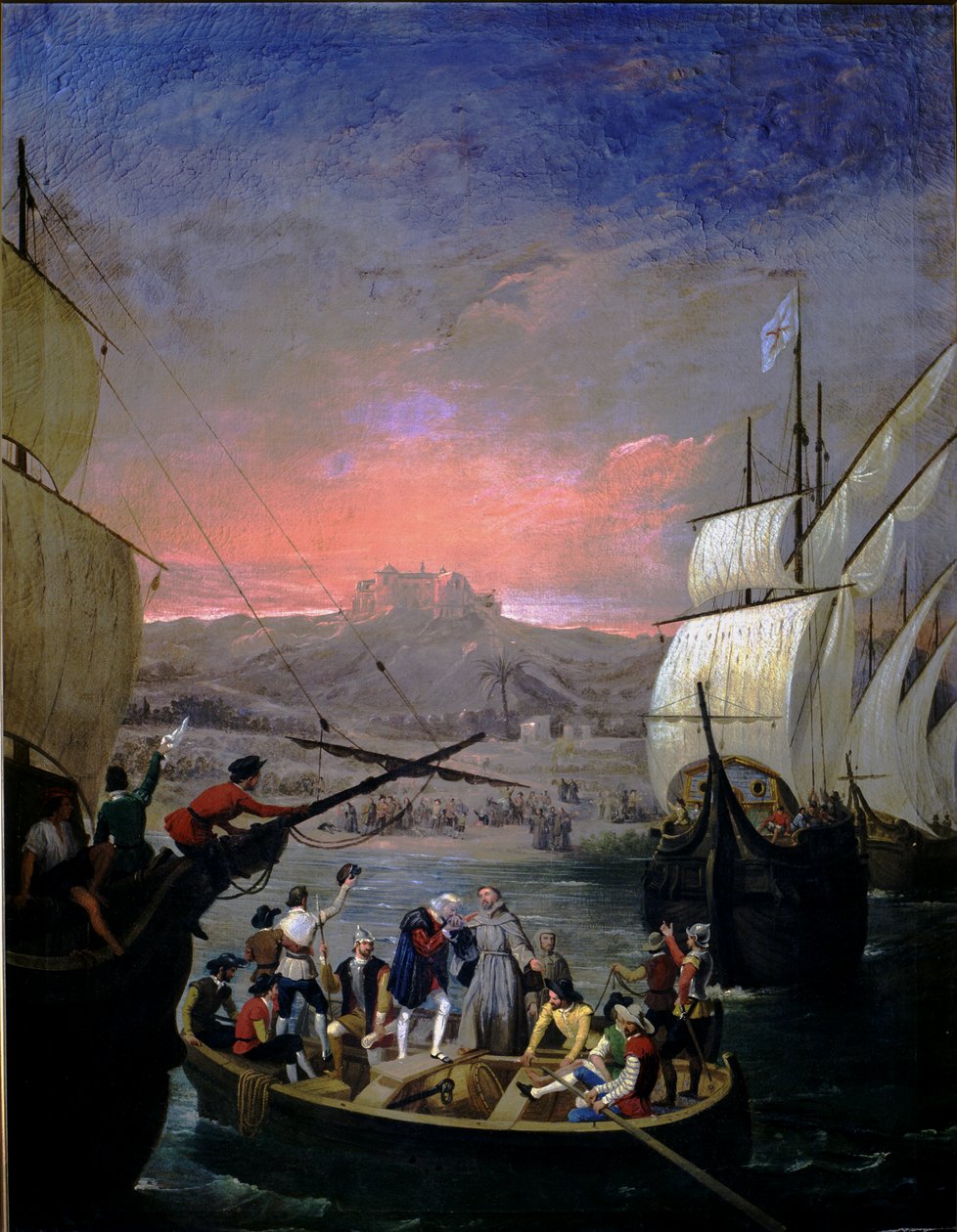 Startende i 1492 Palos karaveller Santa Maria, Pintaen og Ninaen (olie på lærred) af Juan Cabral Bejarano