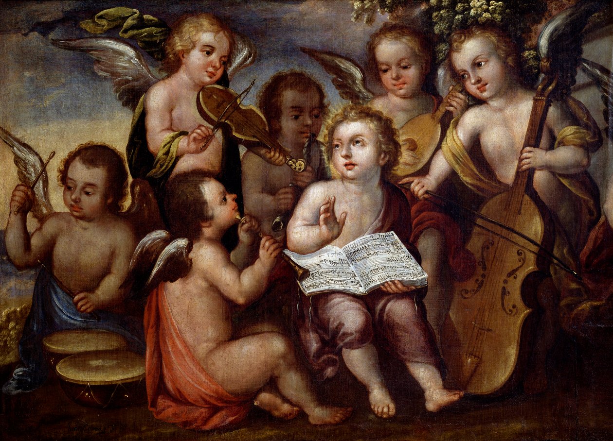 Baby Jesus med engle, der spiller på musikinstrumenter af Juan Correa