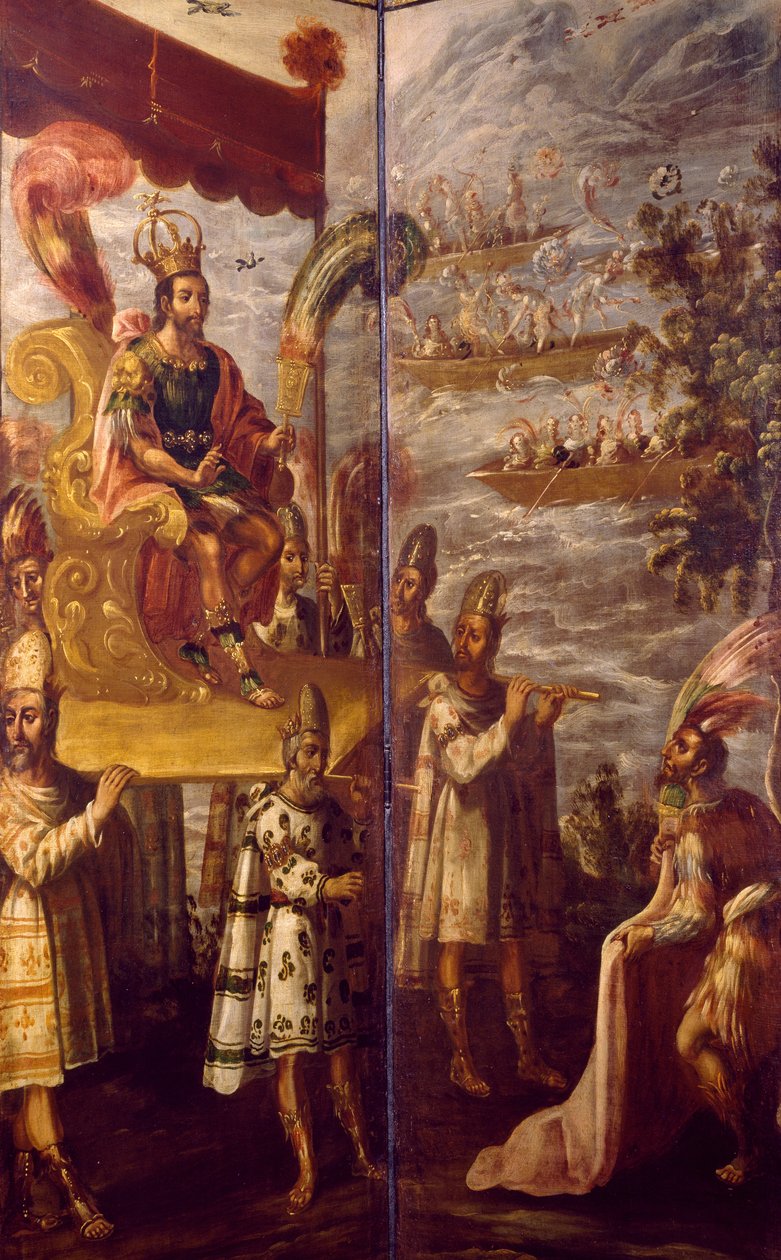 Montezuma, detalje fra mødet mellem Cortes og Montezuma, skærm tilskrevet Juan Correa (1645-1716), olie på lærred, 250x600 cm af Juan Correa