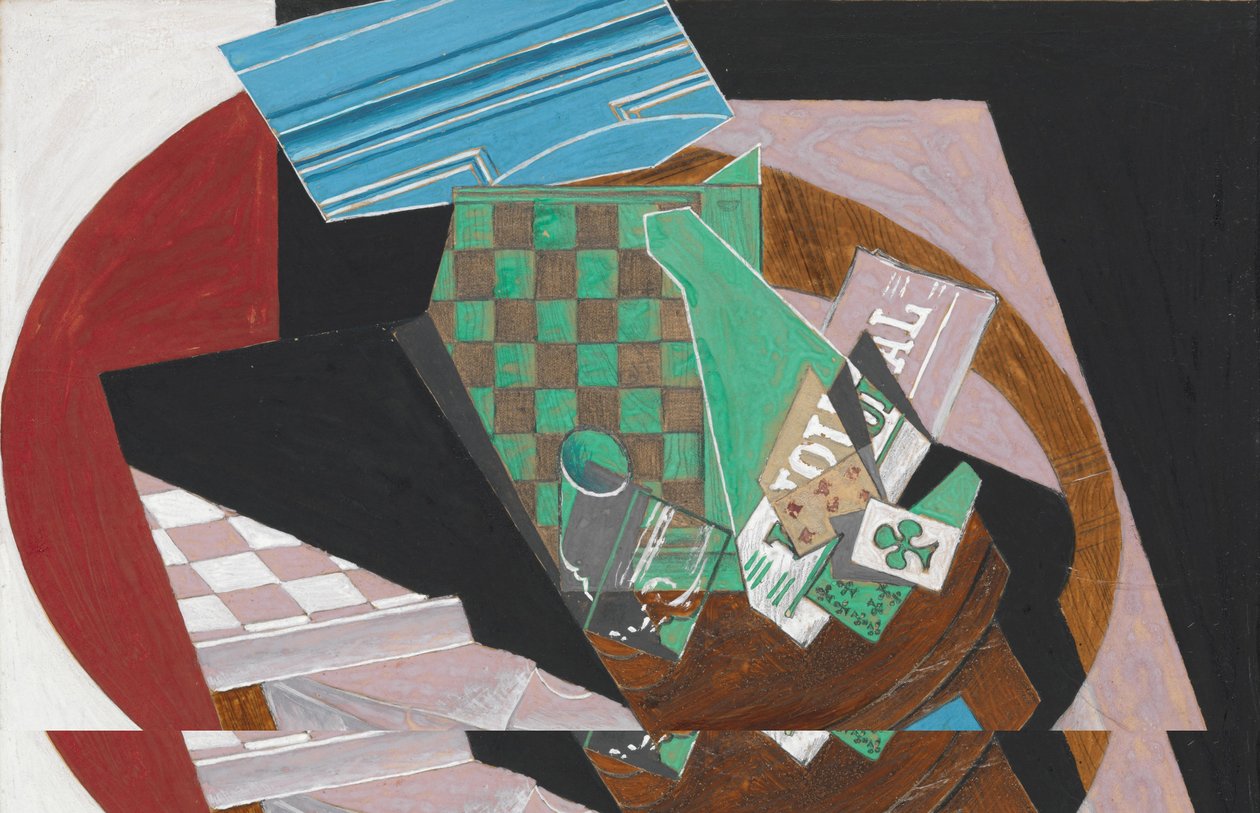 Skaktern og spillekort, 1915 (gouache, grafit og harpiks på cremefarvet vævet papir, monteret på pap) af Juan Gris