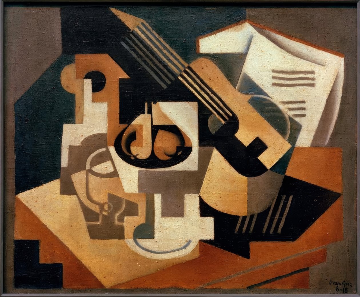 Guitar og skål med frugt af Juan Gris