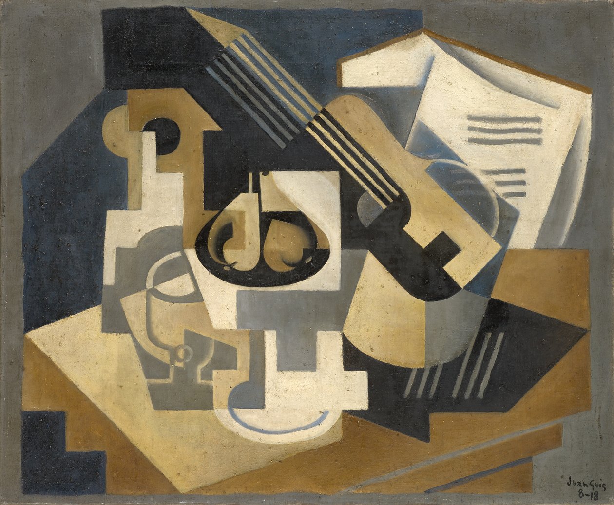 Guitar og frugtskål på et bord af Juan Gris