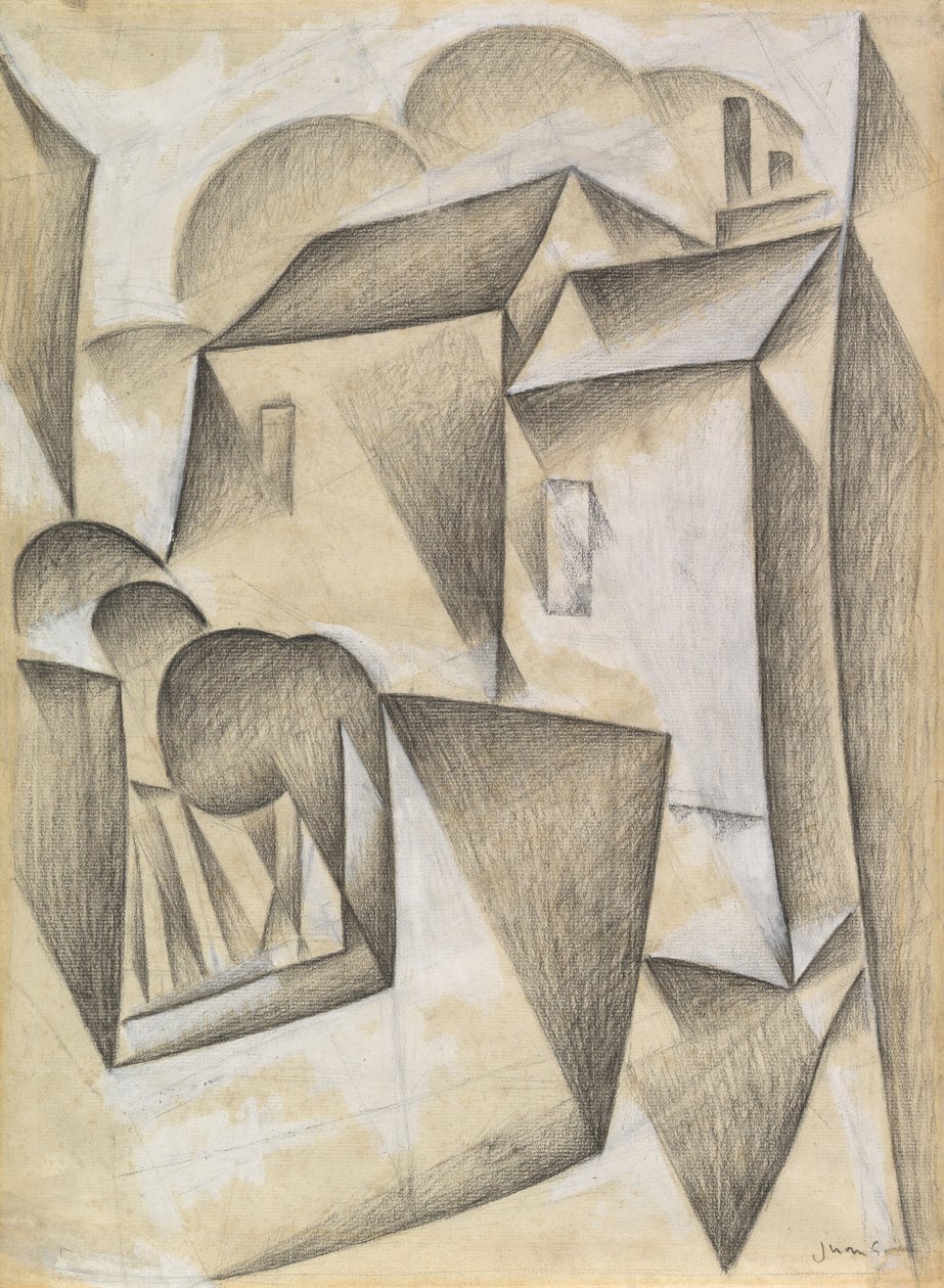 Huse i Paris, Place Ravignan, 1911 (sort kridt og gouache på hvidt papir) af Juan Gris