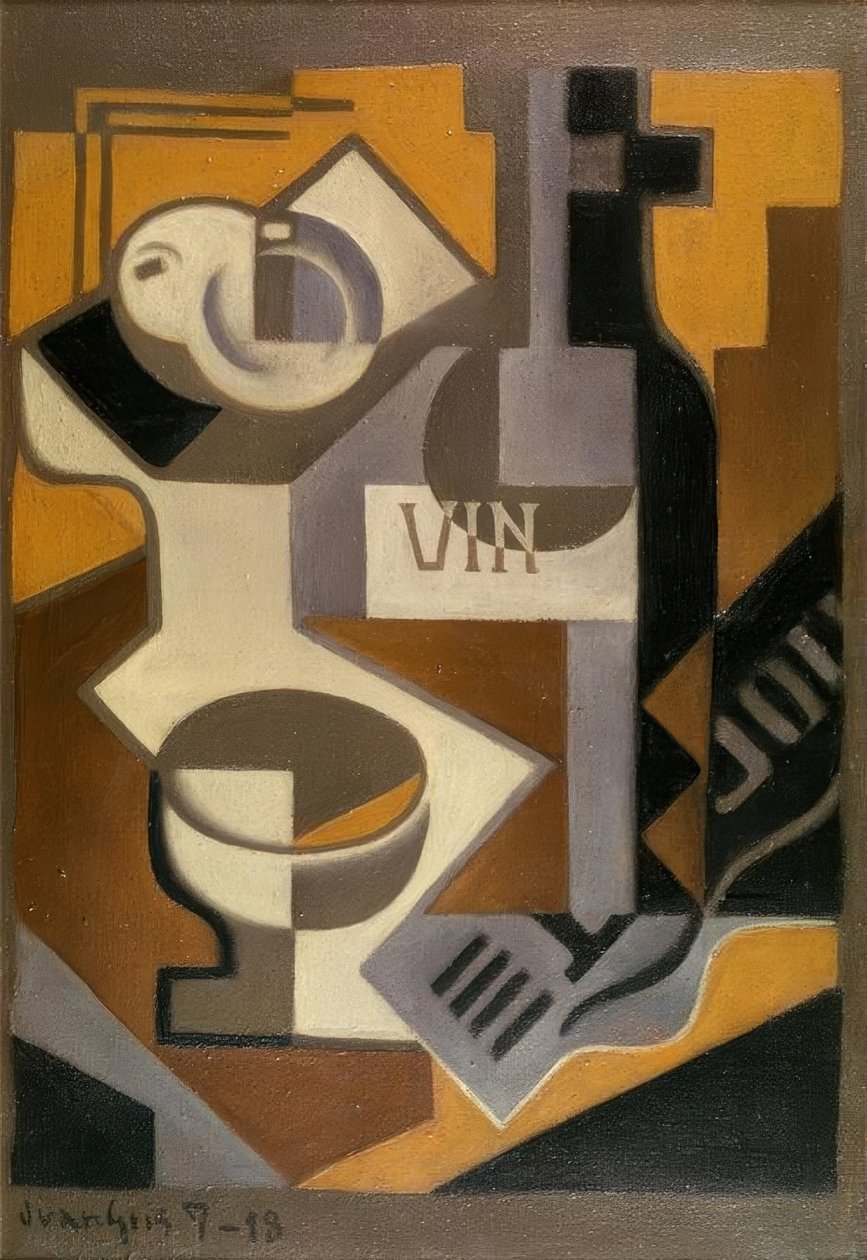 Stilleben med en flaske vin af Juan Gris