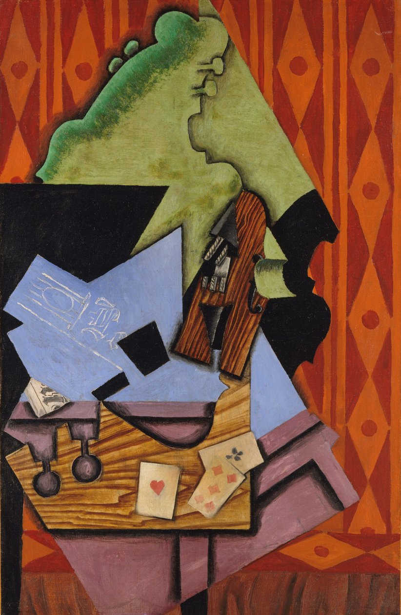 Violin og spillekort på et bord, 1913 af Juan Gris