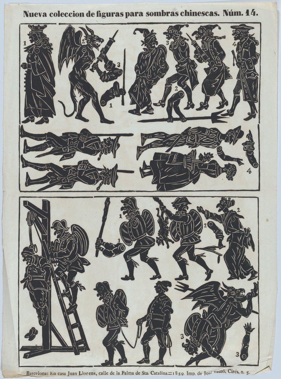 Ark 14 med figurer til kinesiske skyggedukker, 1859. af Juan Llorens