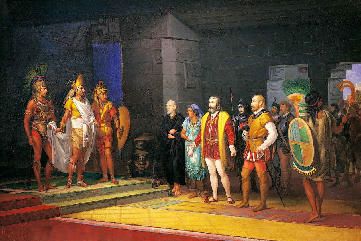 Hernan Cortez møder Montezuma i Mexico af Juan Ortega