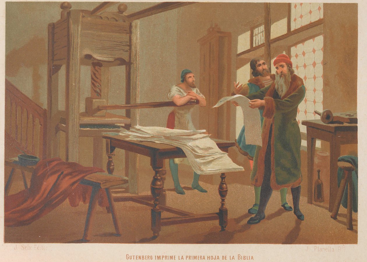 Gutenberg udskriver den første side af Bibelen. Fra: Science and its Men, af Juan Planella y Rodríguez