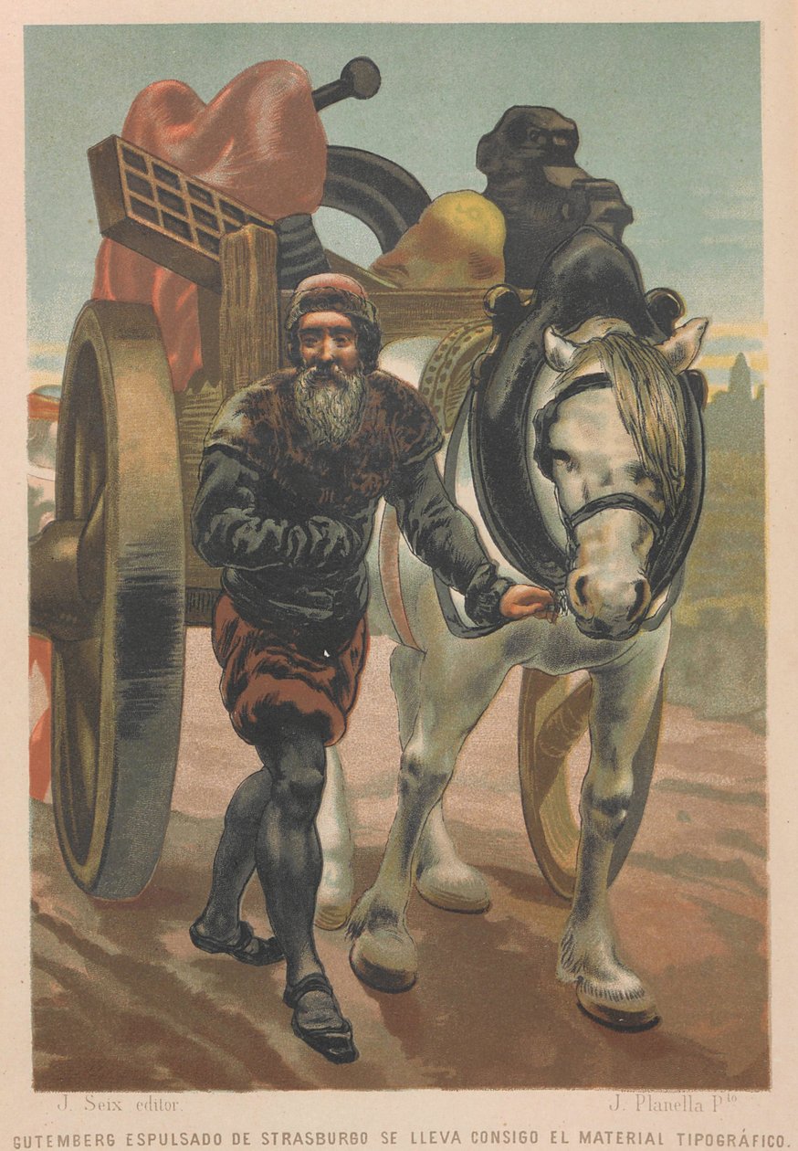 Johannes Gutenberg forlader Strasbourg. Fra: Videnskaben og dens mænd, 1879. af Juan Planella y Rodríguez