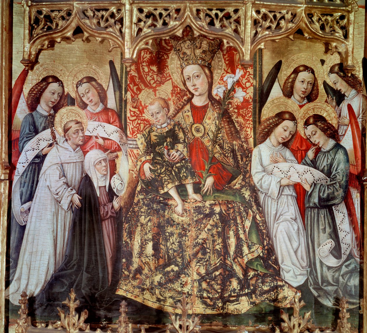 Altertavle af Sankt Ursula: "" Jomfru og barn med hellige og engle"" Maleri af Joan Reixach (1431-1482) fra klostret Santa Maria di Poblet - 1468 (altertavle Santa Ursula, maleri af Joan Reixach fra klostret Santa Maria de Poblet af Juan Rexach or Reixach