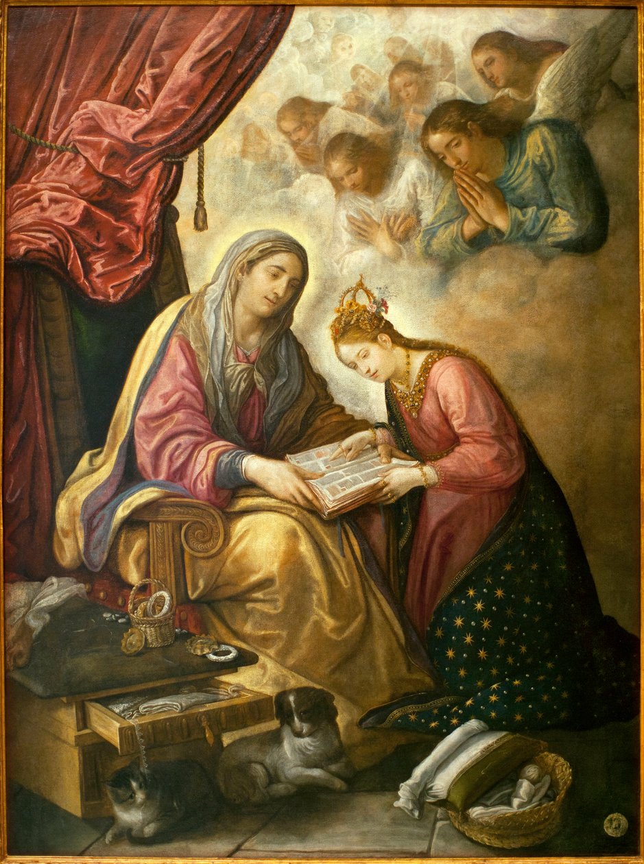 Sankt Anne lærer at læse for Jomfruen - Maleri af Juan de Roelas (ca. 1558/1560-1625), olie på lærred, ca. 1615 - Museum of Fine Arts i Sevilla, Spanien af Juan de Roelas