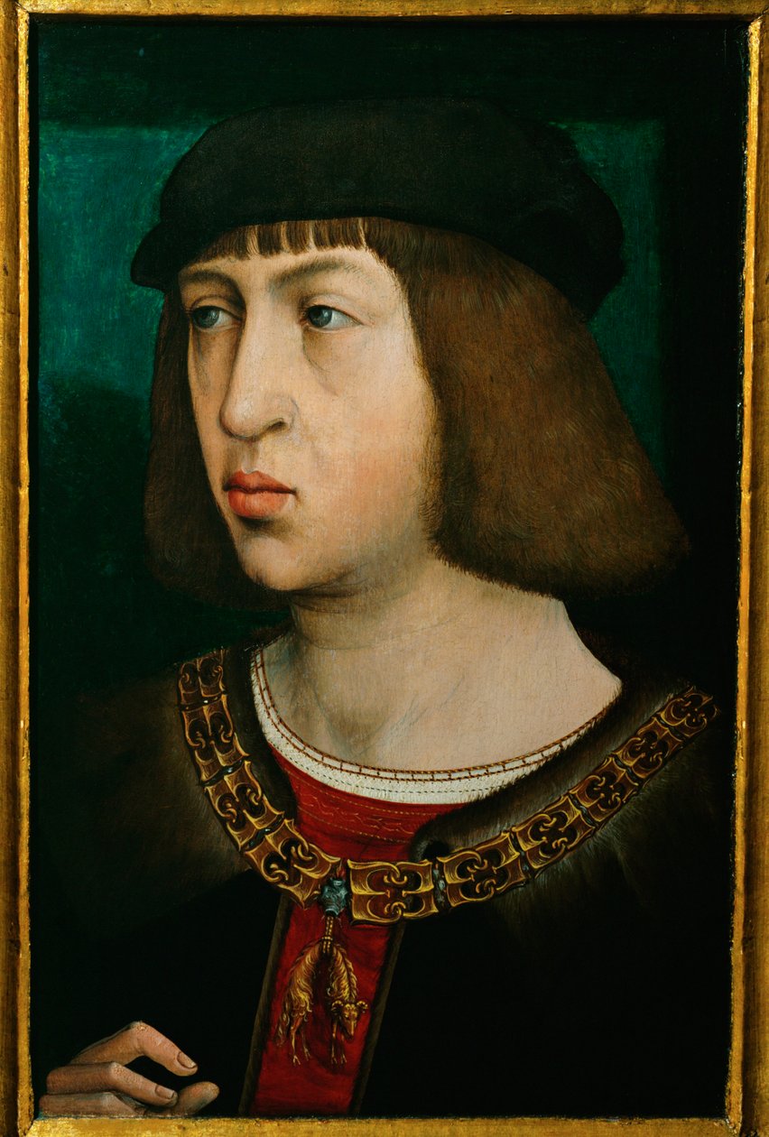 Philipp der Schoene, konge af Kastilien, søn af kejser Maximilian, far til kejser Karl V ... (olie på egetræ) af Juan de (attr. to) Flandes