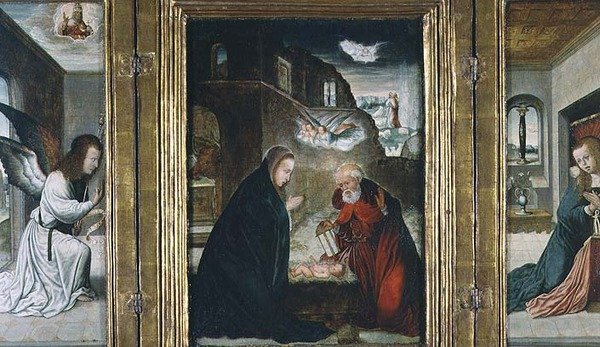 Kristi fødsel Triptykon med Fødsel flankeret af bebudelsen (panel) (se også 82427) af Juan de (school of) Flandes