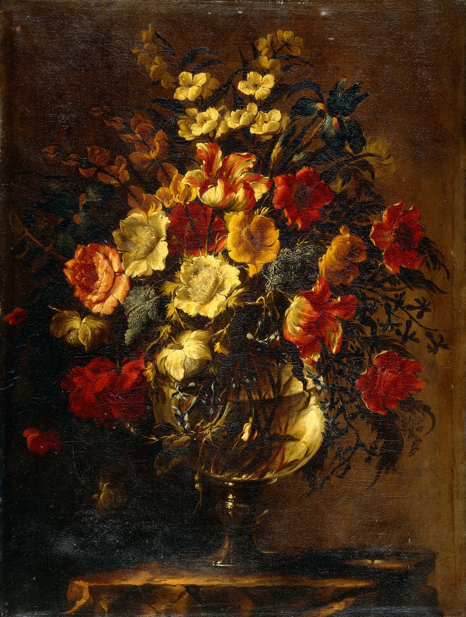Blomster i en glasvase på en klippe, af Juan de Arellano