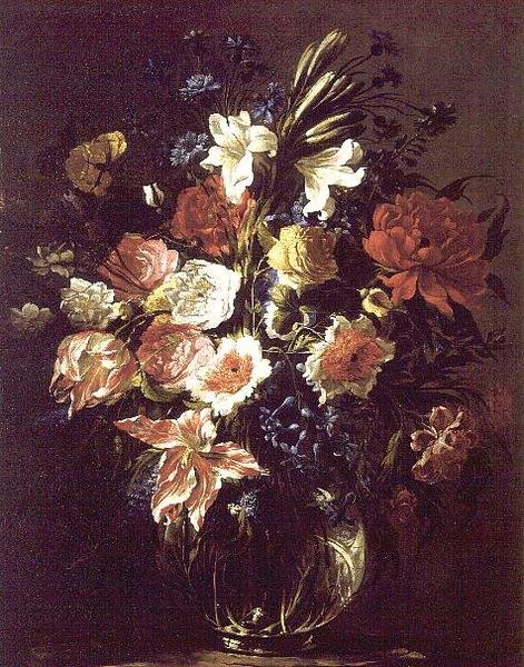 Liljer, pæoner, tulipaner, kornblomster og andre blomster på en glasvase på en piedestal af Juan de Arellano