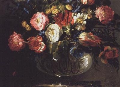 Roser, tulipaner, hyacinter og jasmin i en glasvase af Juan de Arellano
