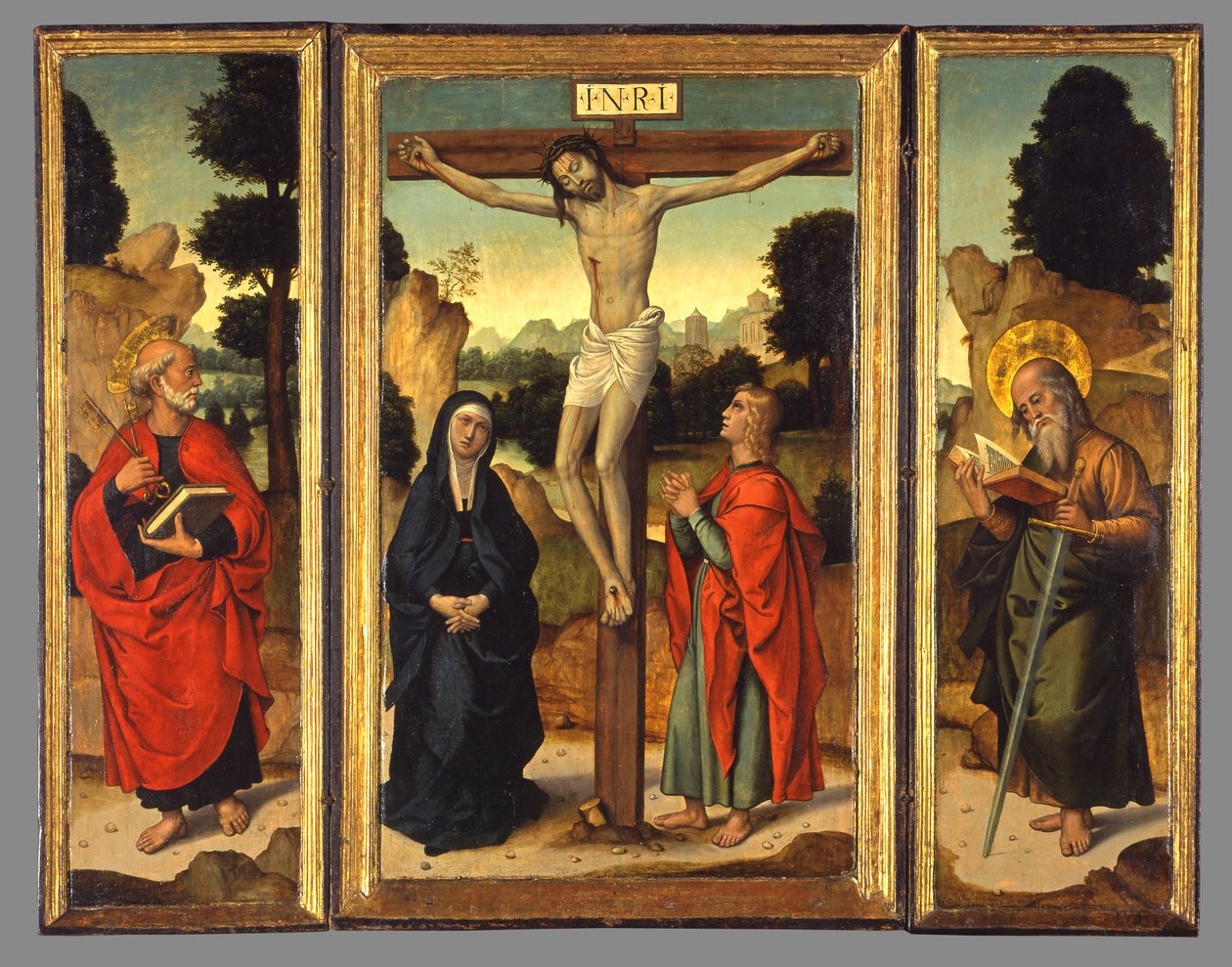 Korsfæstelse med jomfruen og de hellige Johannes evangelisten, Peter og Paulus, ca. 1520-1540 af Juan de Borgoña