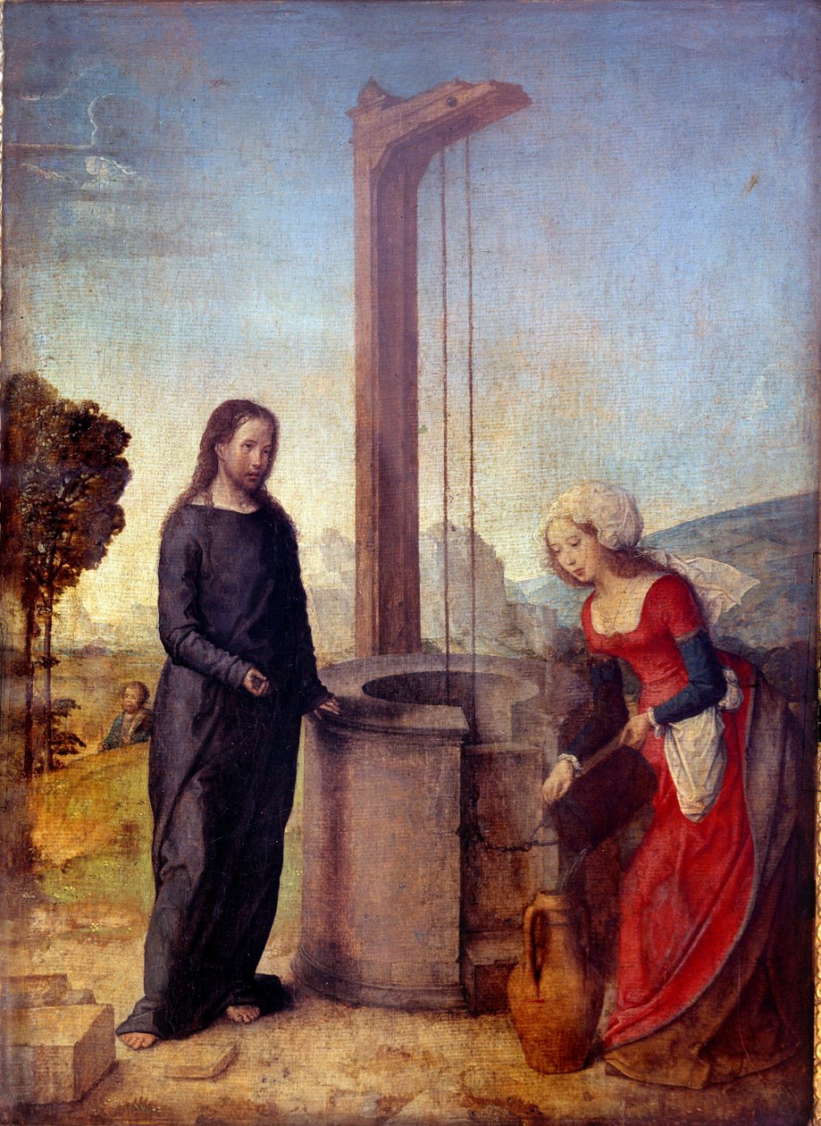 Kristus og den samaritanske maleri af Juan de Flanddes (kendt fra 1496 til 1519) Søn. 0,24x0,17 m . af Juan de Flandes