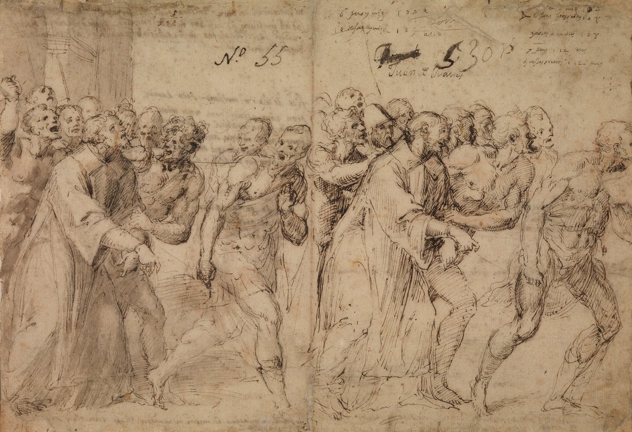 Studie for Saint Stephen Being Led to His Martyrdom, 1566 (pen & brunt blæk, grå vask og (senere?) spor af rødt kridt på papir) (recto) af Juan de Juanes Juan de Juanes