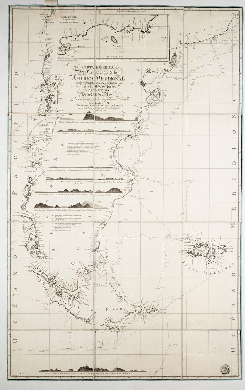 Kort over Chile, Patagonien, Ildlandet og Falklandsøerne, ca. 1798 (kobberstik) af Juan de Langara