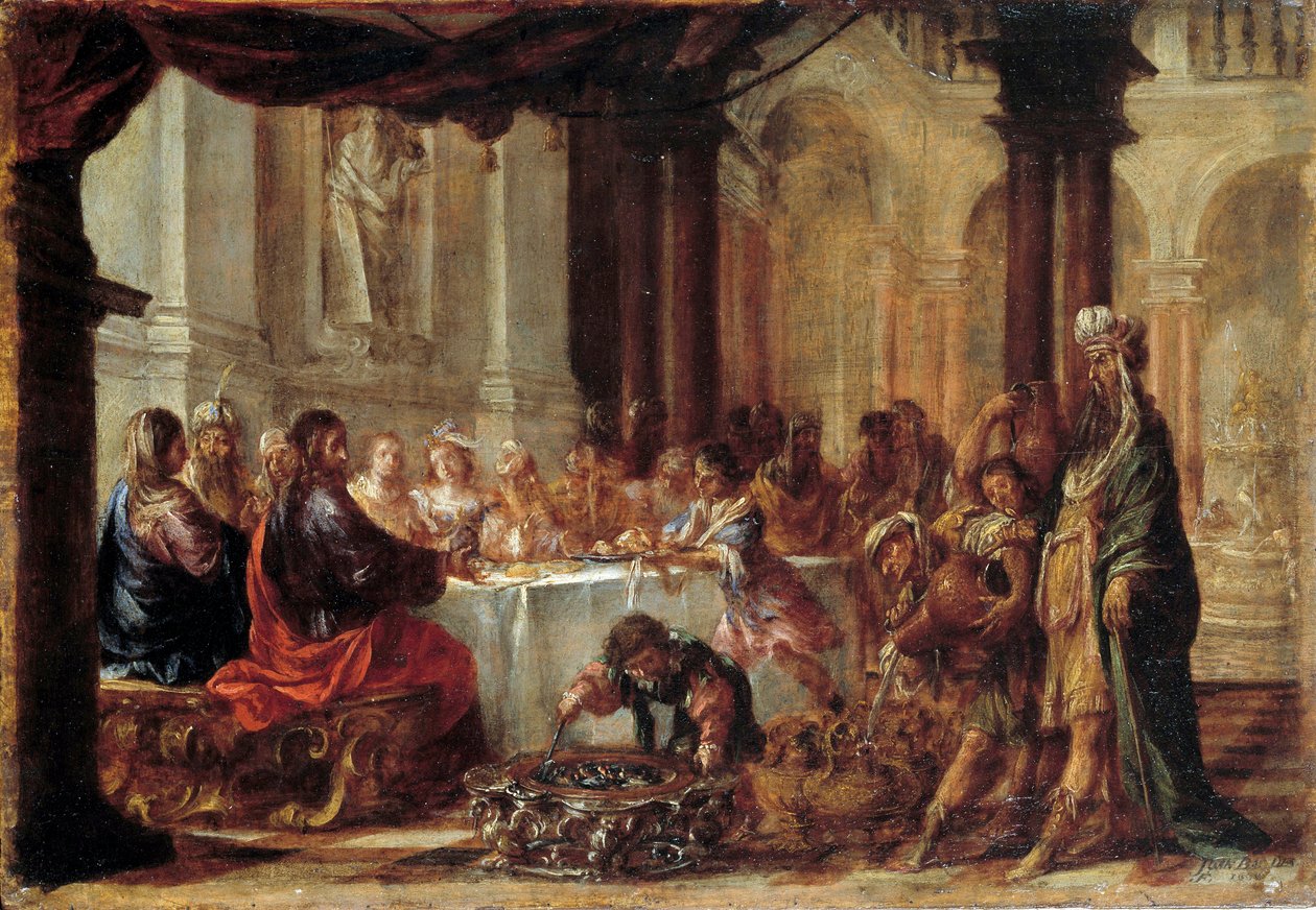 Les Noces de Cana Maleri af Juan Valdes (1622-1690) 1660 Søn. 0,23x0,34m af Juan de Valdes Leal