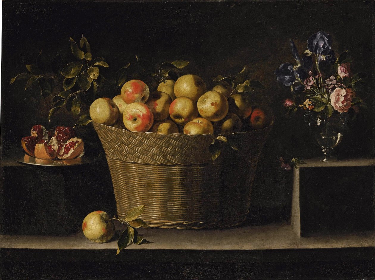 Æbler i en flettet kurv, et åbnet granatæble på en sølvtallerken og roser, iris og andre blomster i en glasvase, på en stenkant af Juan de Zurbaran